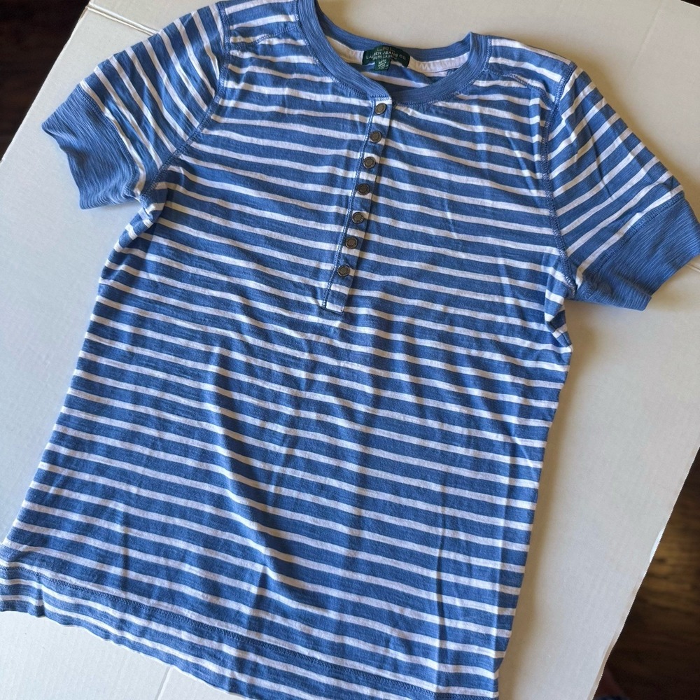 Lauren Ralph Lauren Women's Top Medium Blue White Stripe Cotton Button Nautical